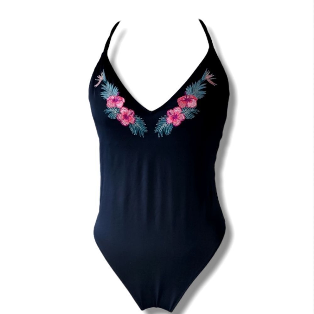 Flower Embroidered Black One Piece PINK